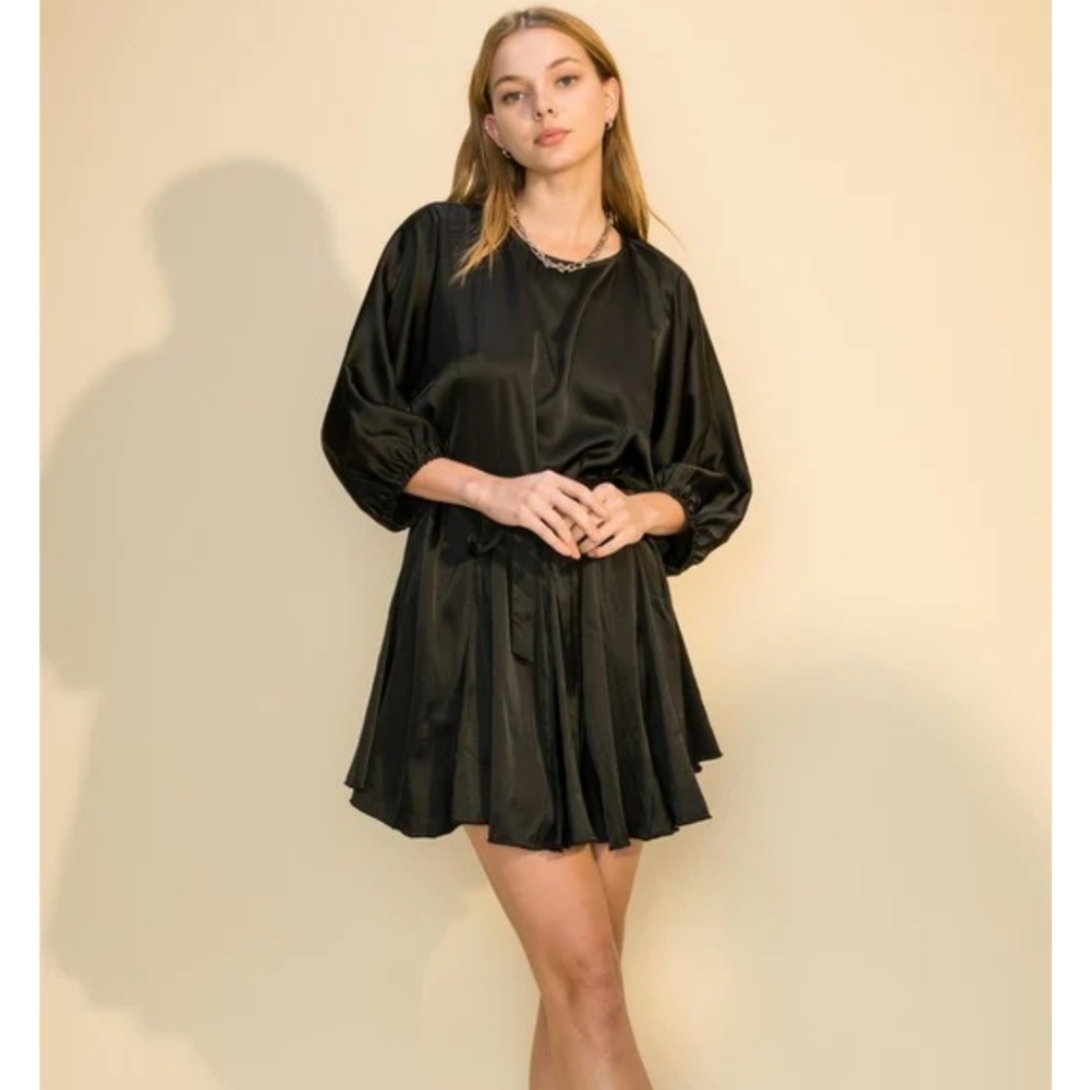 Black Satin long sleeve Mini Dress